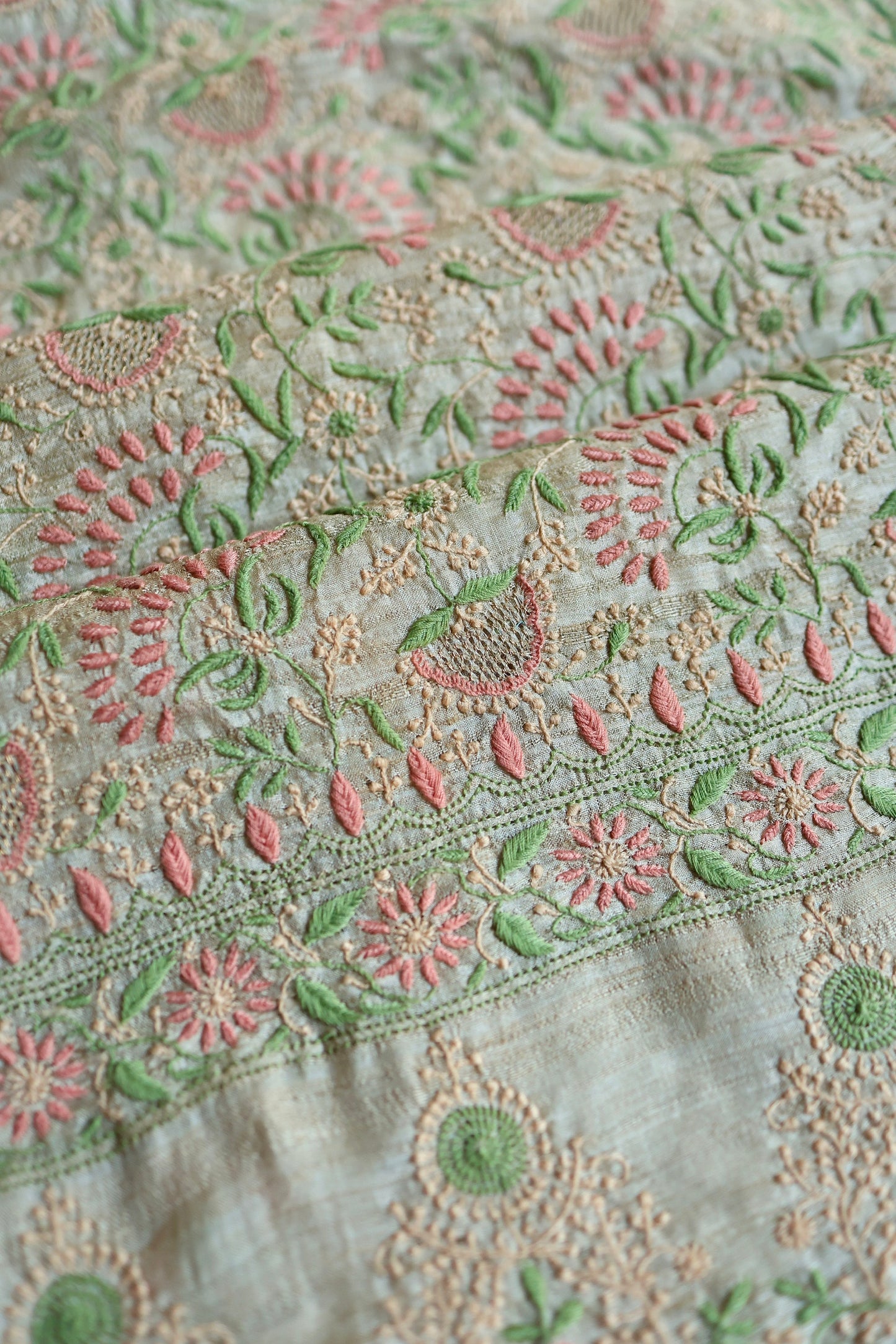Natural Beige Tussar Silk Chikankari Fabric With Mukaish Kamdani