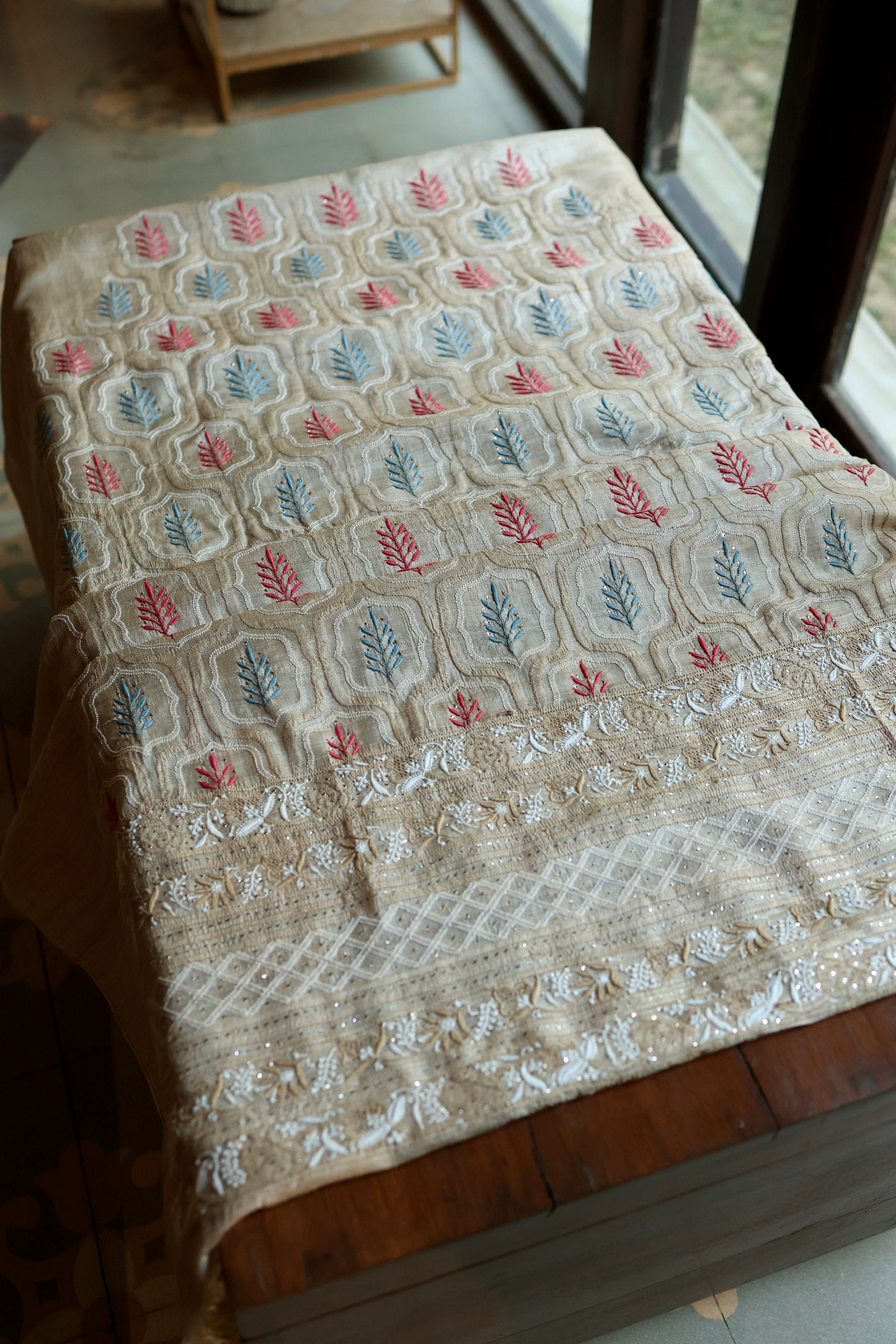 Red & Blue Natural Beige Tussar Silk Chikankari Fabric With Mukaish Kamdani