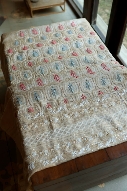 Red & Blue Natural Beige Tussar Silk Chikankari Fabric With Mukaish Kamdani