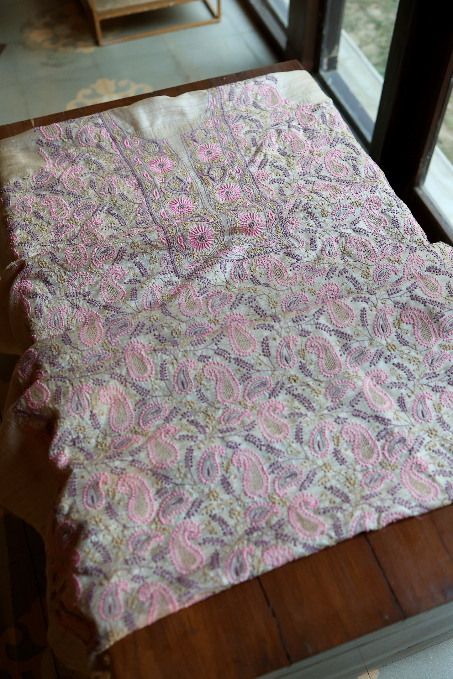 Natural Beige Tussar Silk Chikankari Fabric With Mukaish Kamdani