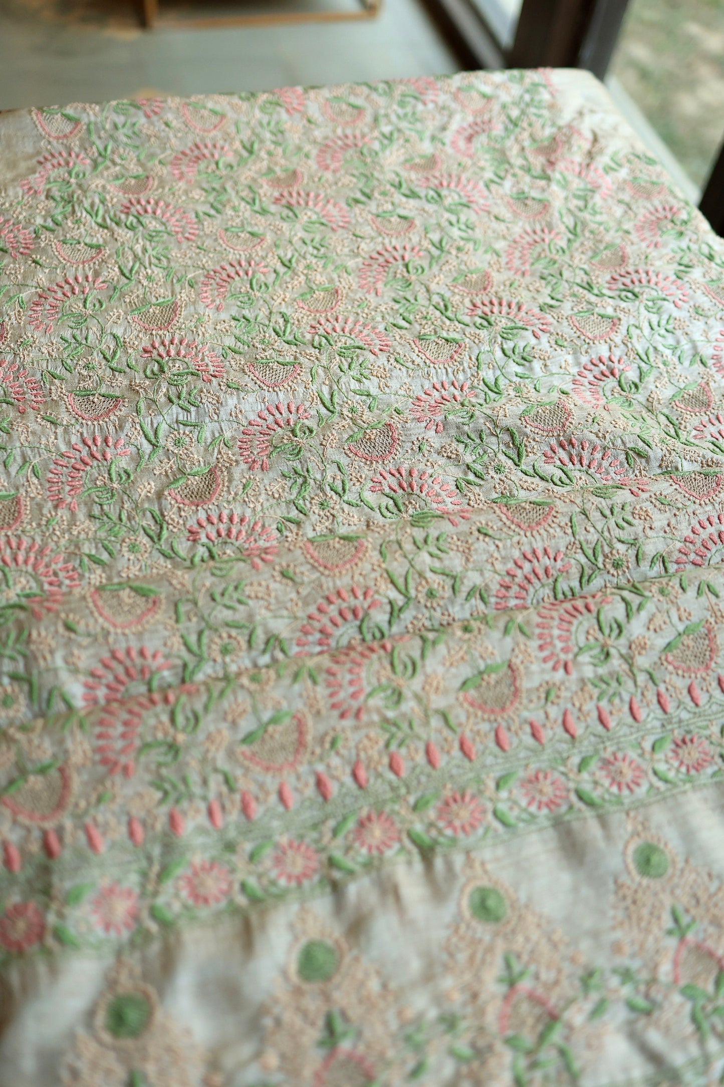 Natural Beige Tussar Silk Chikankari Fabric With Mukaish Kamdani