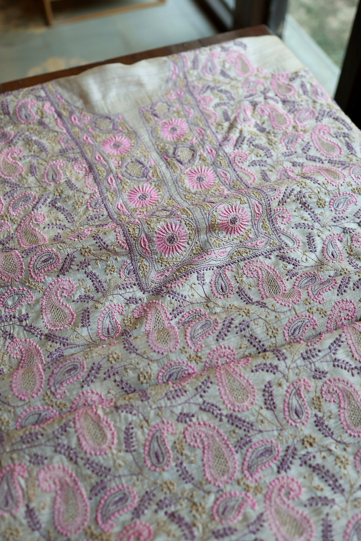Natural Beige Tussar Silk Chikankari Fabric With Mukaish Kamdani