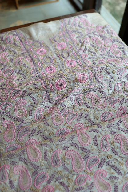 Natural Beige Tussar Silk Chikankari Fabric With Mukaish Kamdani