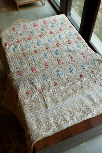 Red & Blue Natural Beige Tussar Silk Chikankari Fabric With Mukaish Kamdani