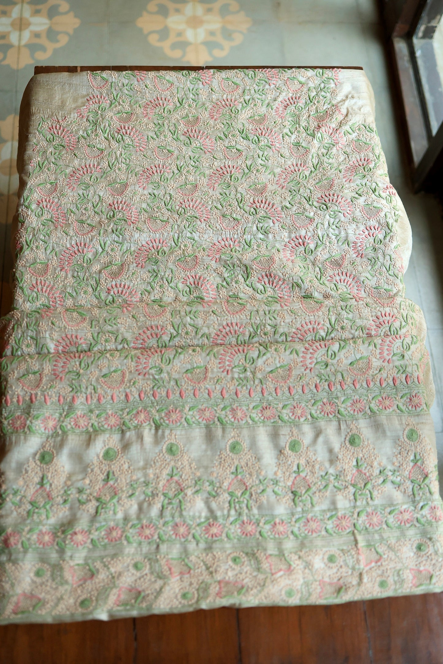 Natural Beige Tussar Silk Chikankari Fabric With Mukaish Kamdani