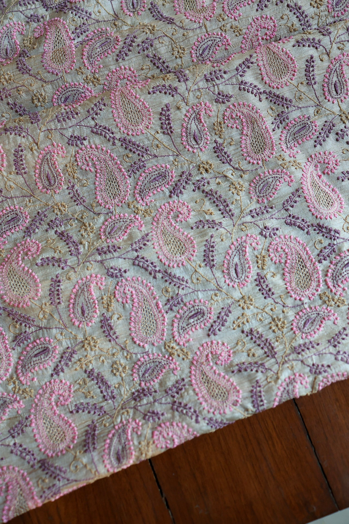 Natural Beige Tussar Silk Chikankari Fabric With Mukaish Kamdani