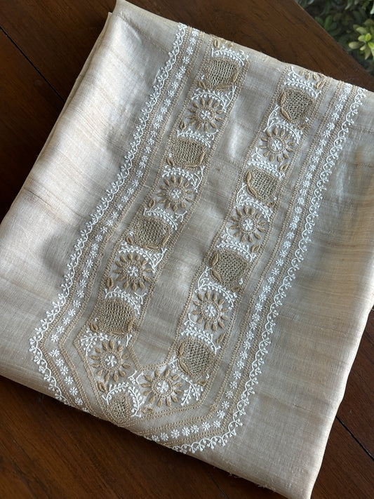 Natural Beige Tussar Silk Chikankari Men’s Kurta Fabric