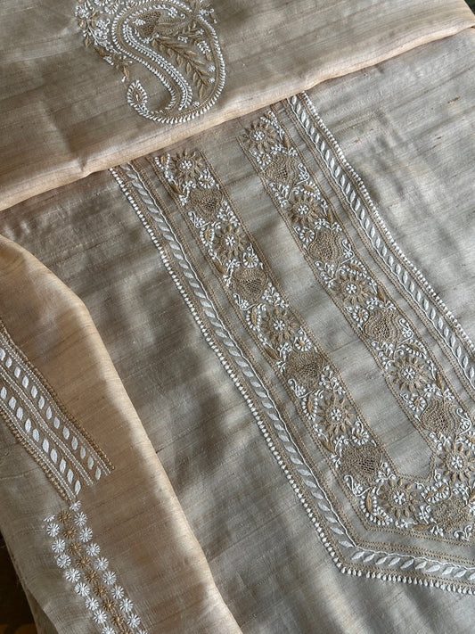 Natural Beige Tussar Silk Chikankari Men’s Kurta Fabric
