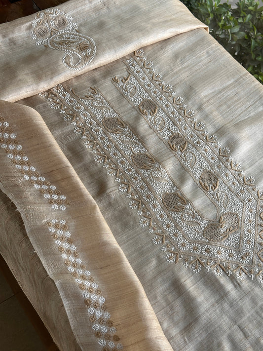 Natural Beige Tussar Silk Chikankari Men’s Kurta Fabric