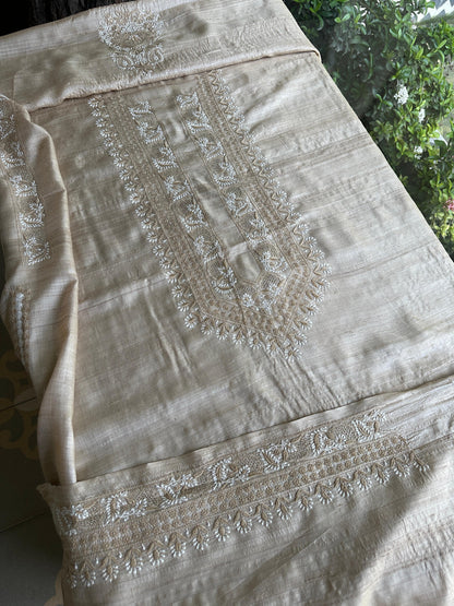 Natural Beige Tussar Silk Chikankari Men’s Kurta Fabric