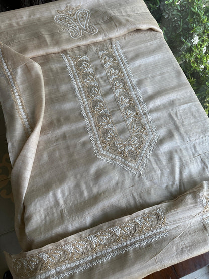 Natural Beige Tussar Silk Chikankari Men’s Kurta Fabric