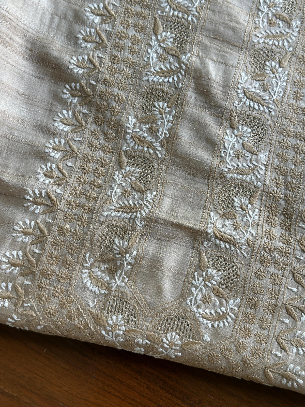 Natural Beige Tussar Silk Chikankari Men’s Kurta Fabric