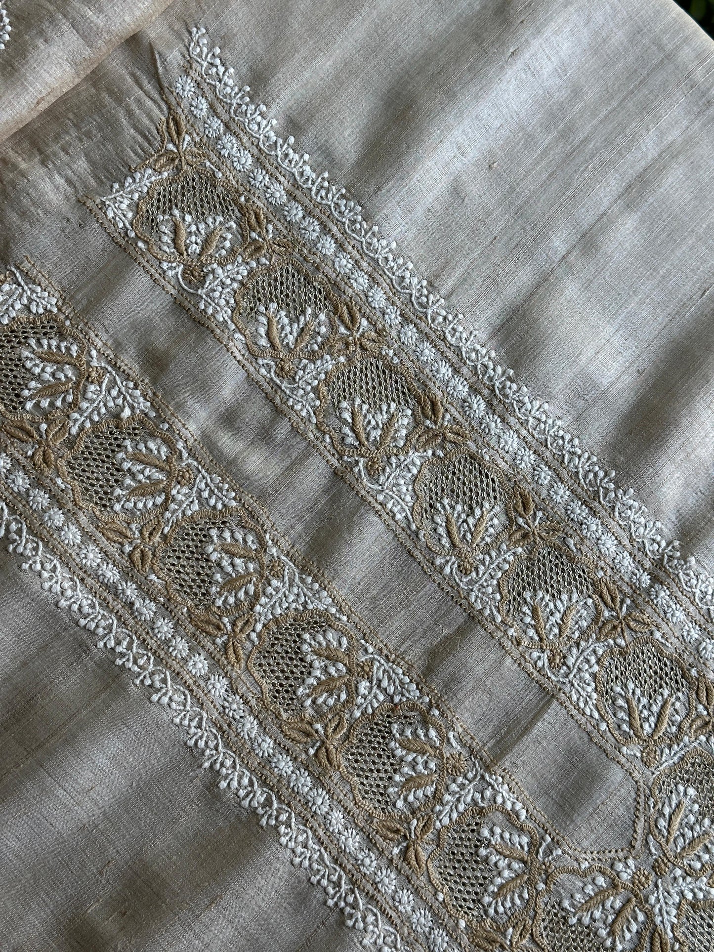Natural Beige Tussar Silk Chikankari Men’s Kurta Fabric