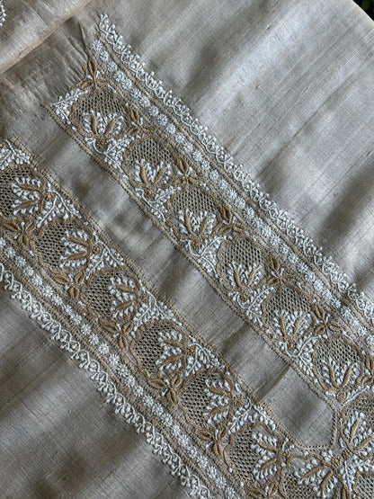 Natural Beige Tussar Silk Chikankari Men’s Kurta Fabric