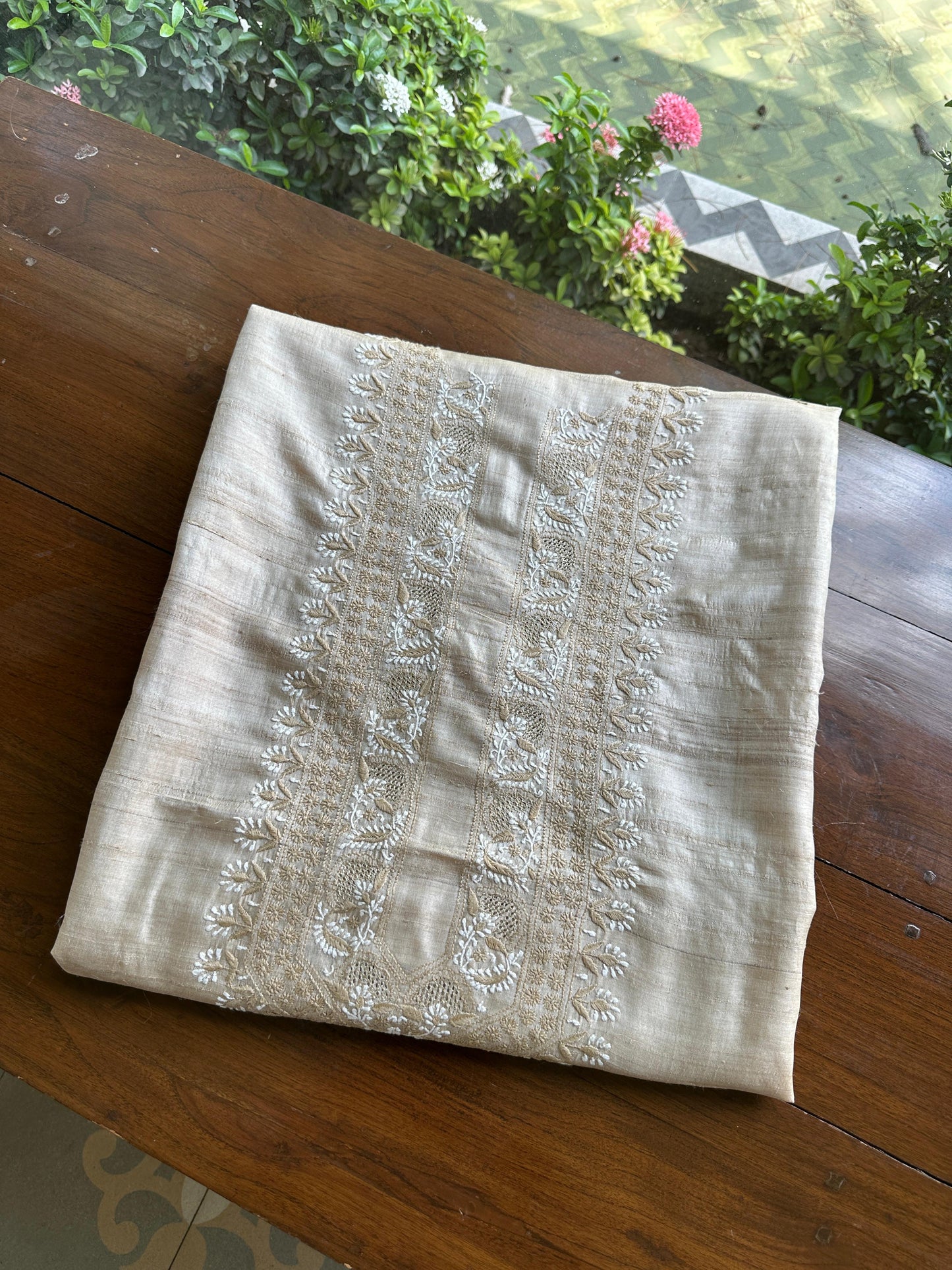 Natural Beige Tussar Silk Chikankari Men’s Kurta Fabric