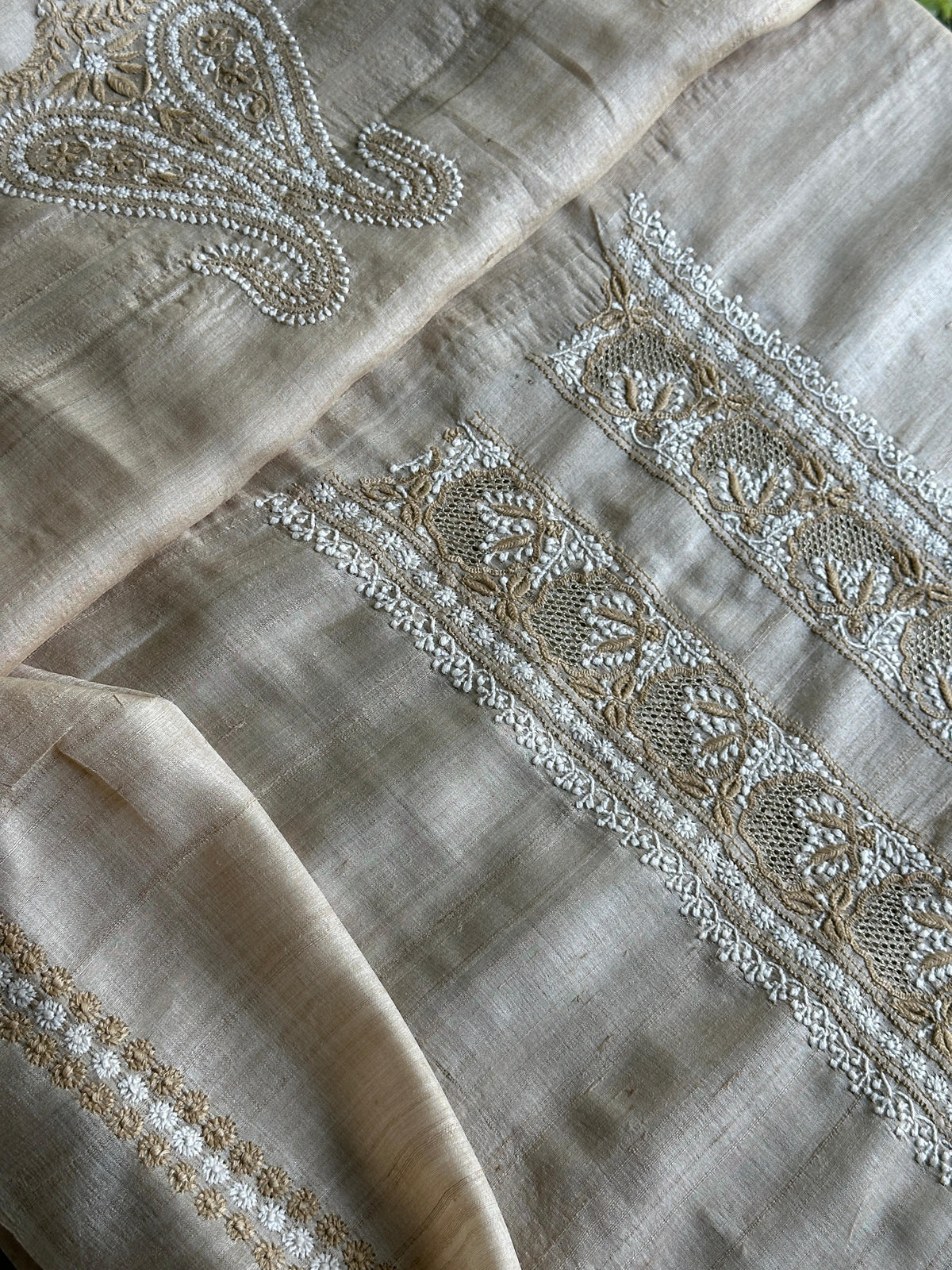 Natural Beige Tussar Silk Chikankari Men’s Kurta Fabric