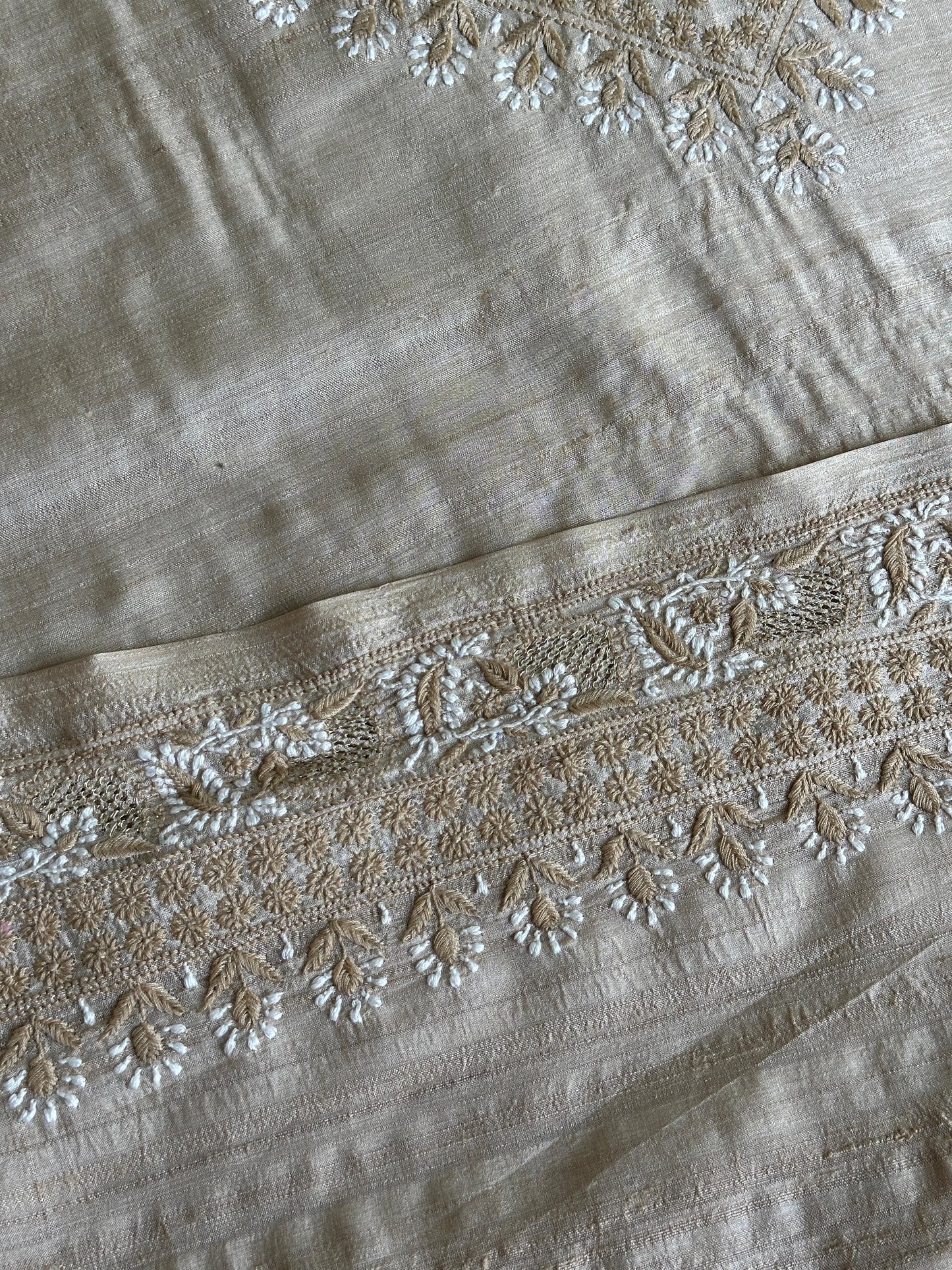 Natural Beige Tussar Silk Chikankari Men’s Kurta Fabric