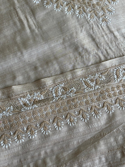 Natural Beige Tussar Silk Chikankari Men’s Kurta Fabric