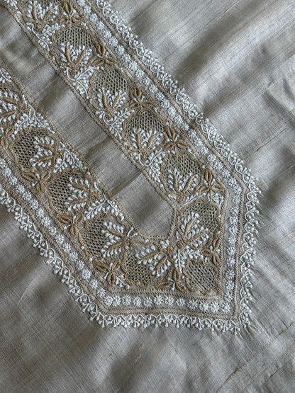 Natural Beige Tussar Silk Chikankari Men’s Kurta Fabric