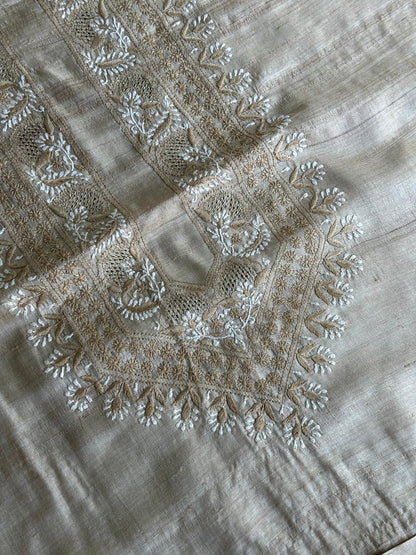 Natural Beige Tussar Silk Chikankari Men’s Kurta Fabric