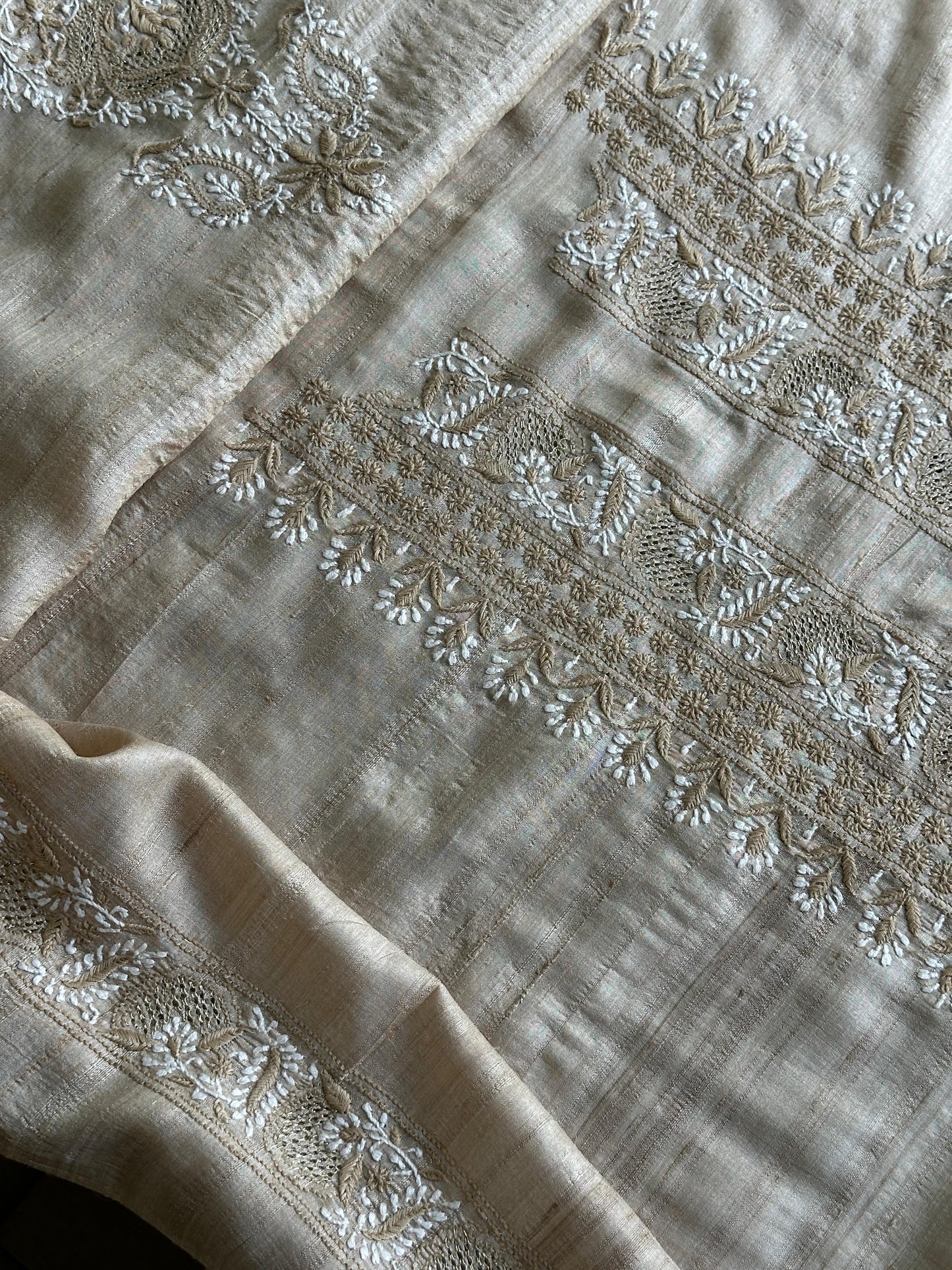 Natural Beige Tussar Silk Chikankari Men’s Kurta Fabric