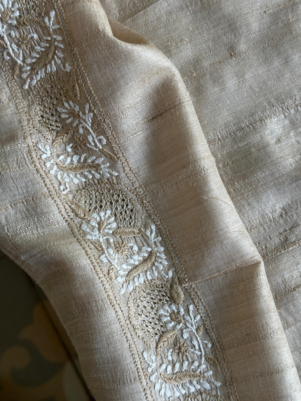 Natural Beige Tussar Silk Chikankari Men’s Kurta Fabric