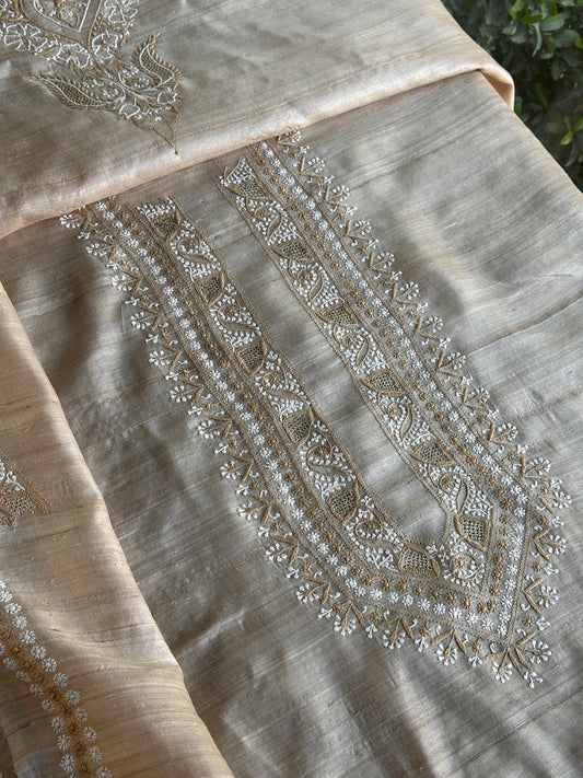 Natural Beige Tussar Silk Chikankari Men’s Kurta Fabric