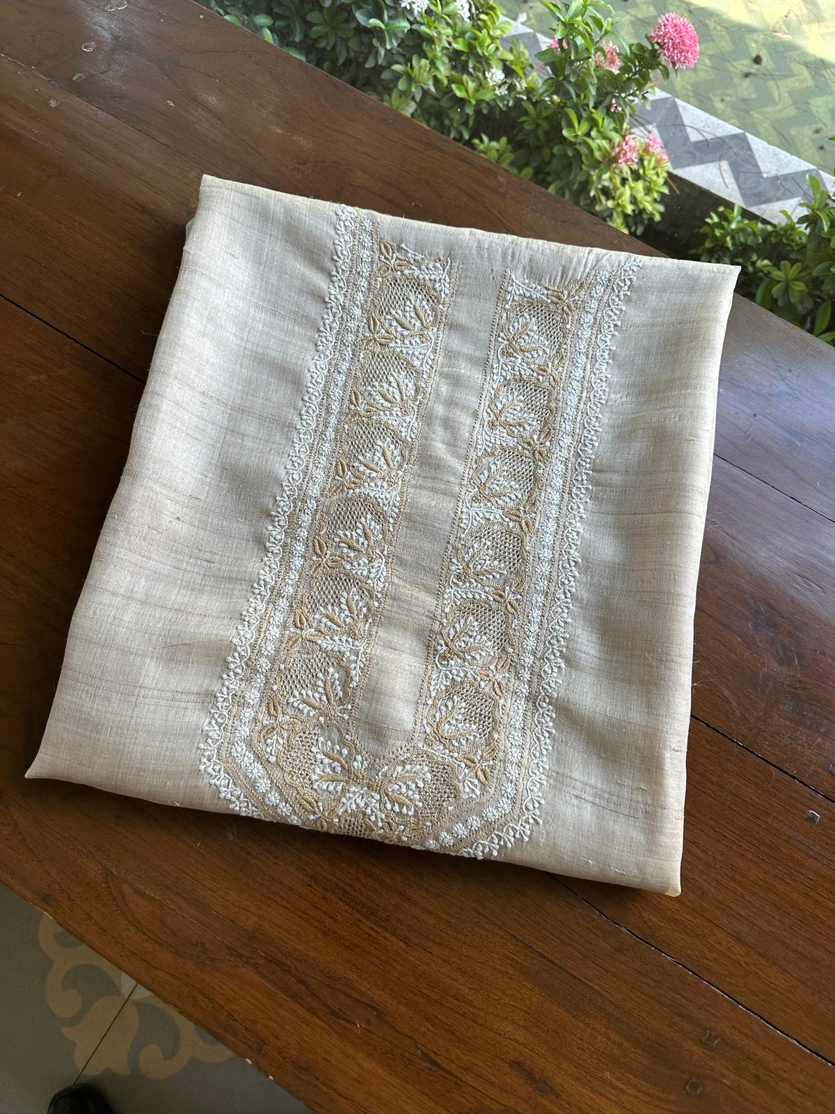 Natural Beige Tussar Silk Chikankari Men’s Kurta Fabric