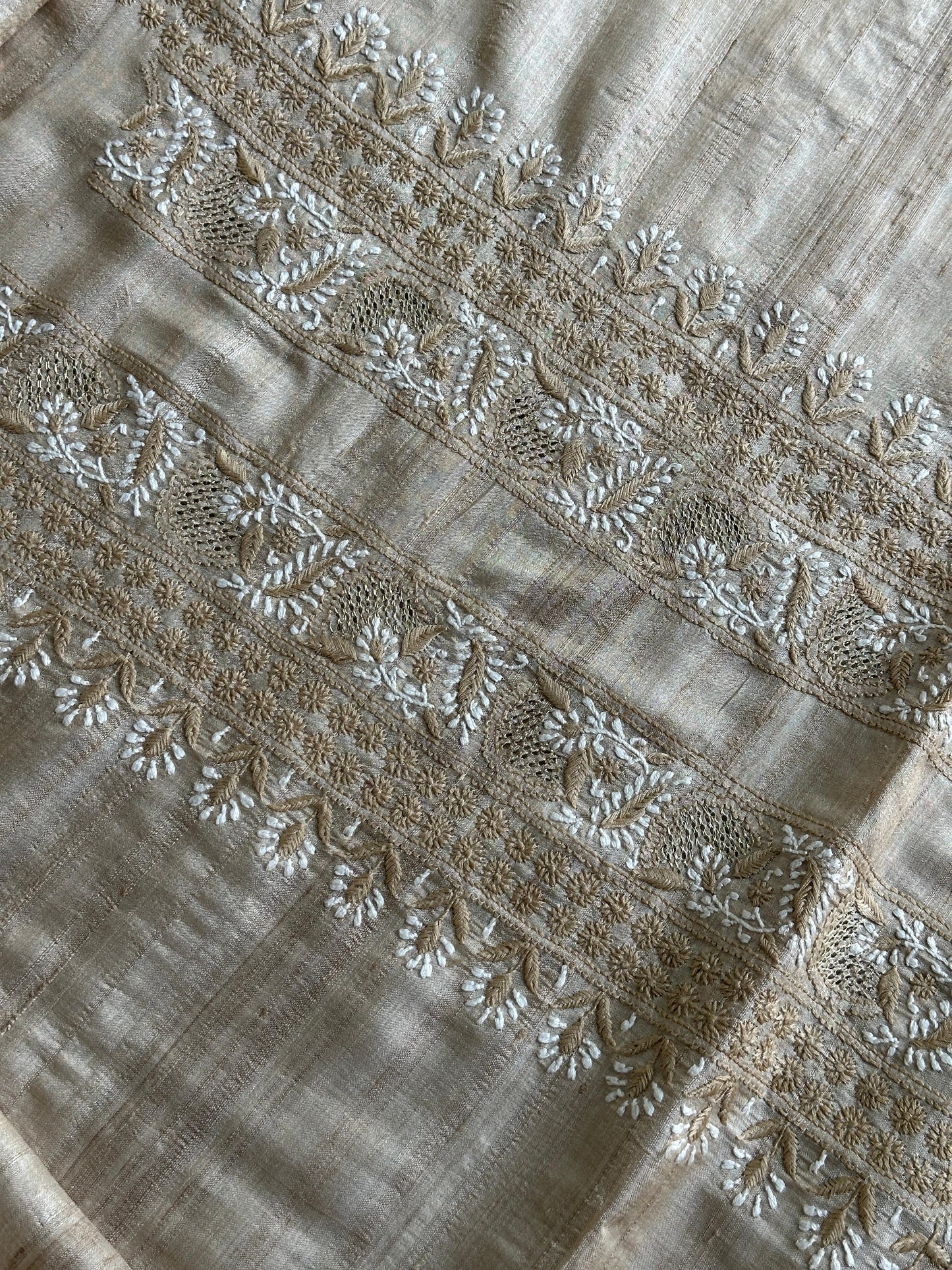 Natural Beige Tussar Silk Chikankari Men’s Kurta Fabric