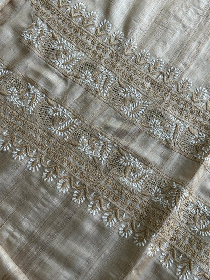 Natural Beige Tussar Silk Chikankari Men’s Kurta Fabric
