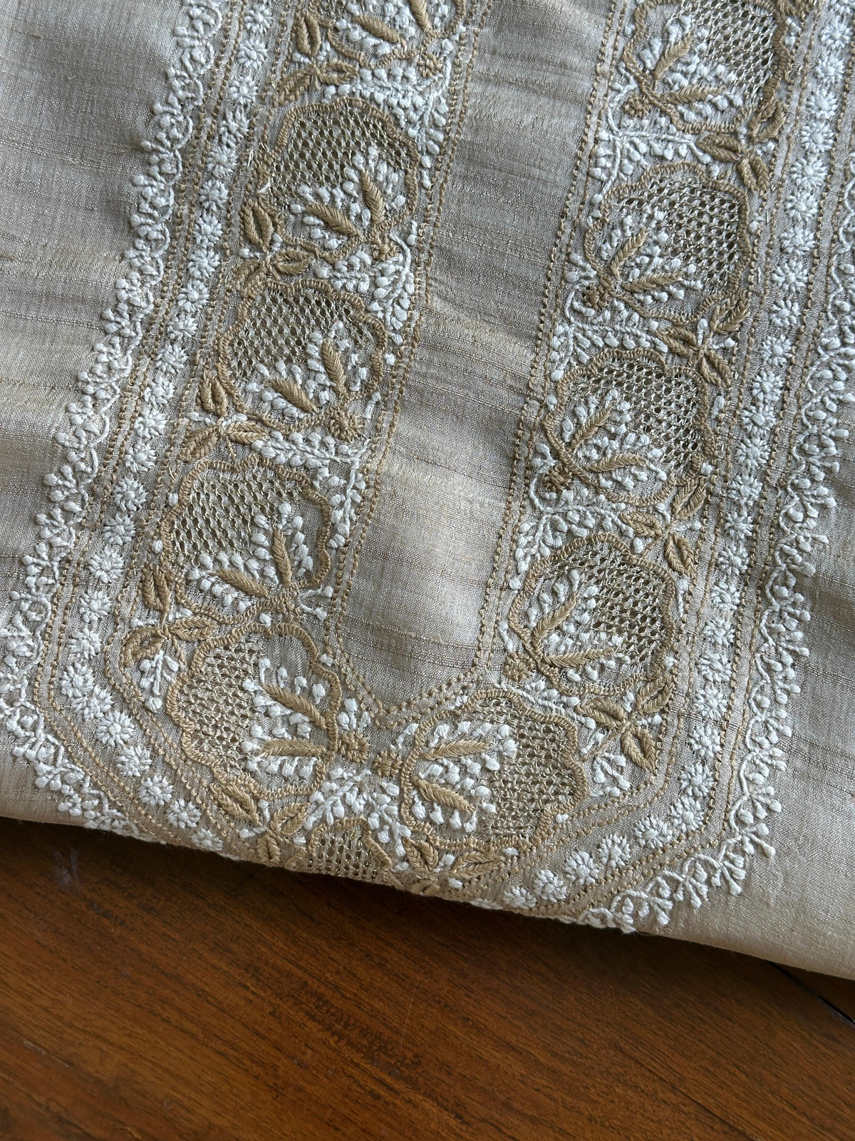 Natural Beige Tussar Silk Chikankari Men’s Kurta Fabric