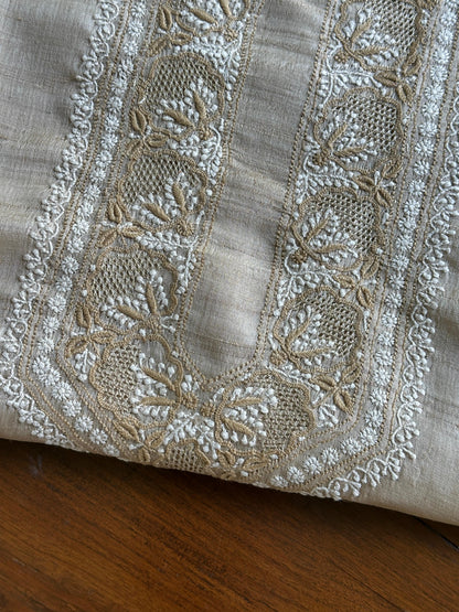 Natural Beige Tussar Silk Chikankari Men’s Kurta Fabric