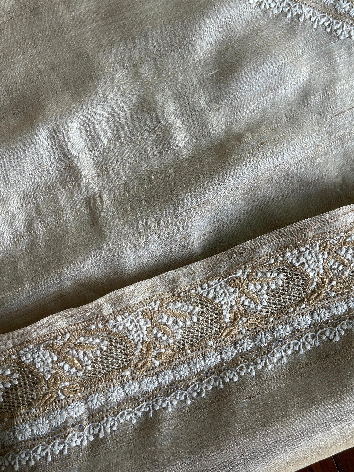 Natural Beige Tussar Silk Chikankari Men’s Kurta Fabric