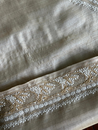 Natural Beige Tussar Silk Chikankari Men’s Kurta Fabric