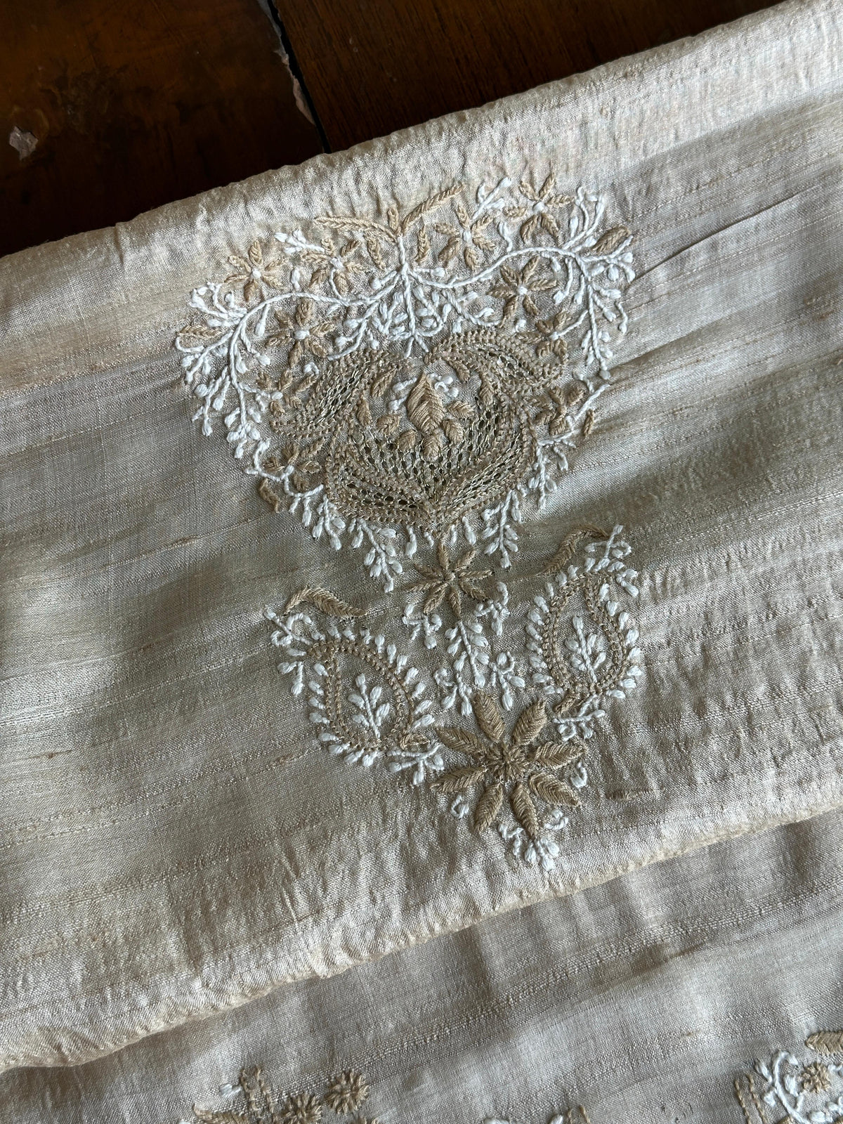 Natural Beige Tussar Silk Chikankari Men’s Kurta Fabric