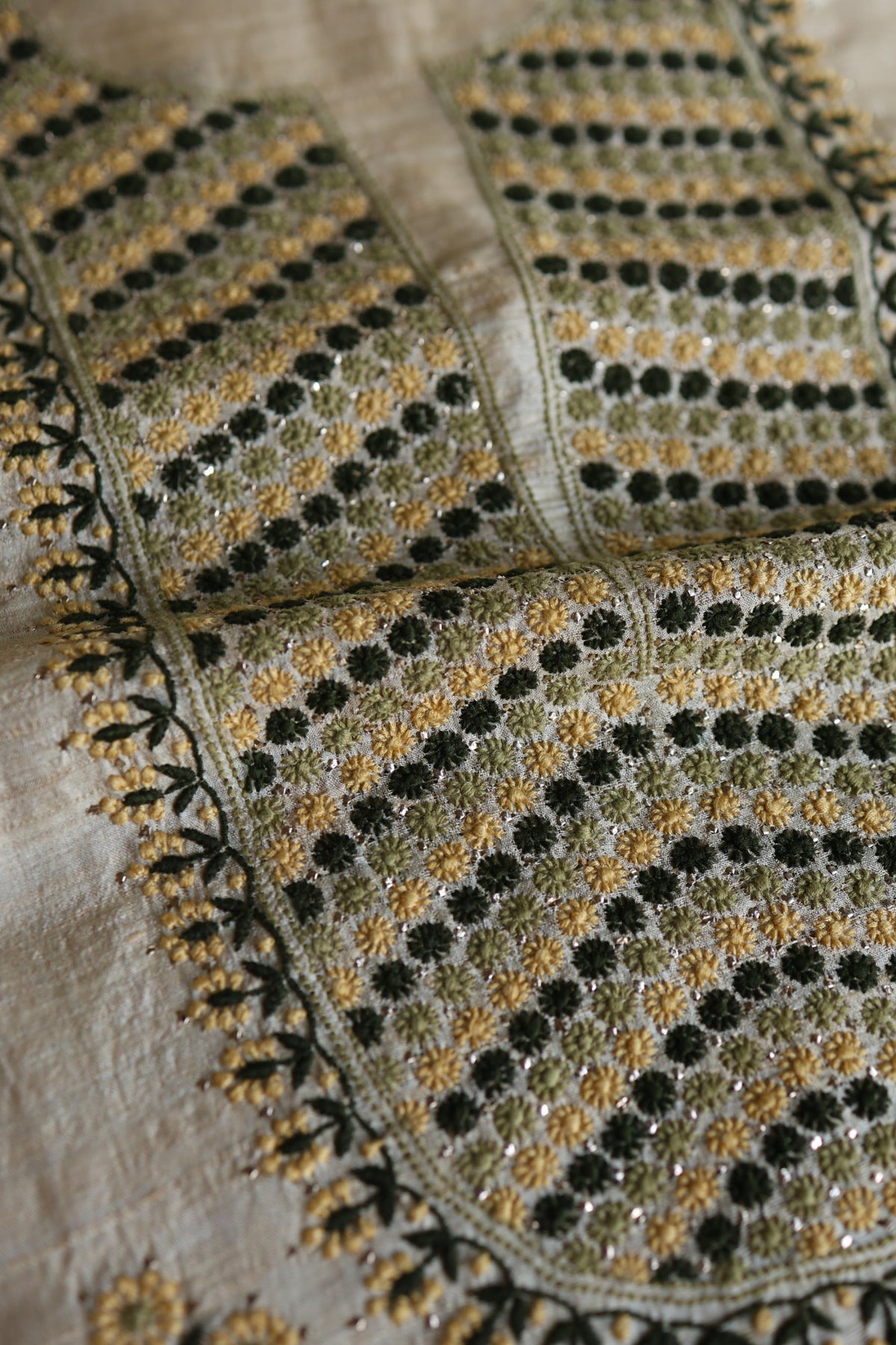 Natural Beige Tussar Silk Chikankari Unstitched Kurta Dupatta Set