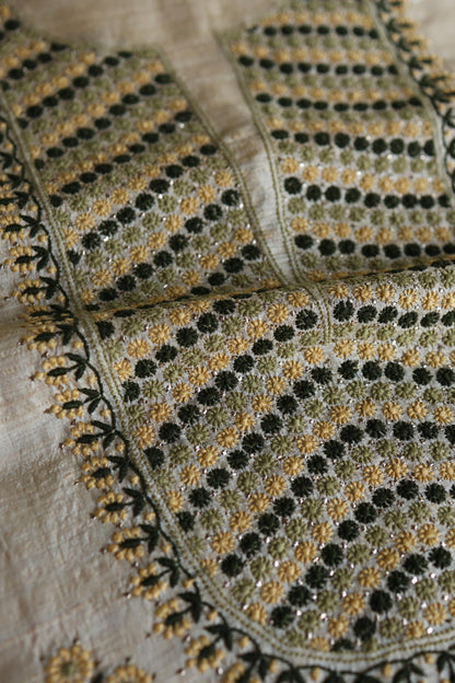 Natural Beige Tussar Silk Chikankari Unstitched Kurta Dupatta Set