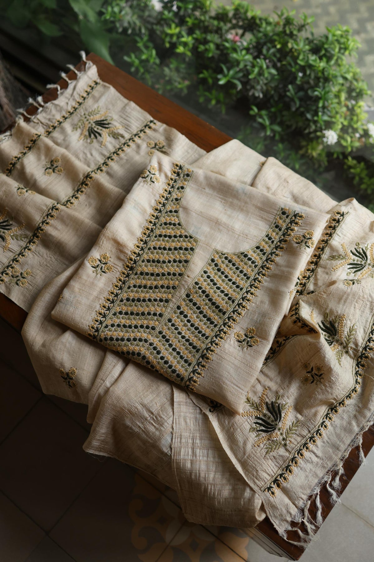 Natural Beige Tussar Silk Chikankari Unstitched Kurta Dupatta Set