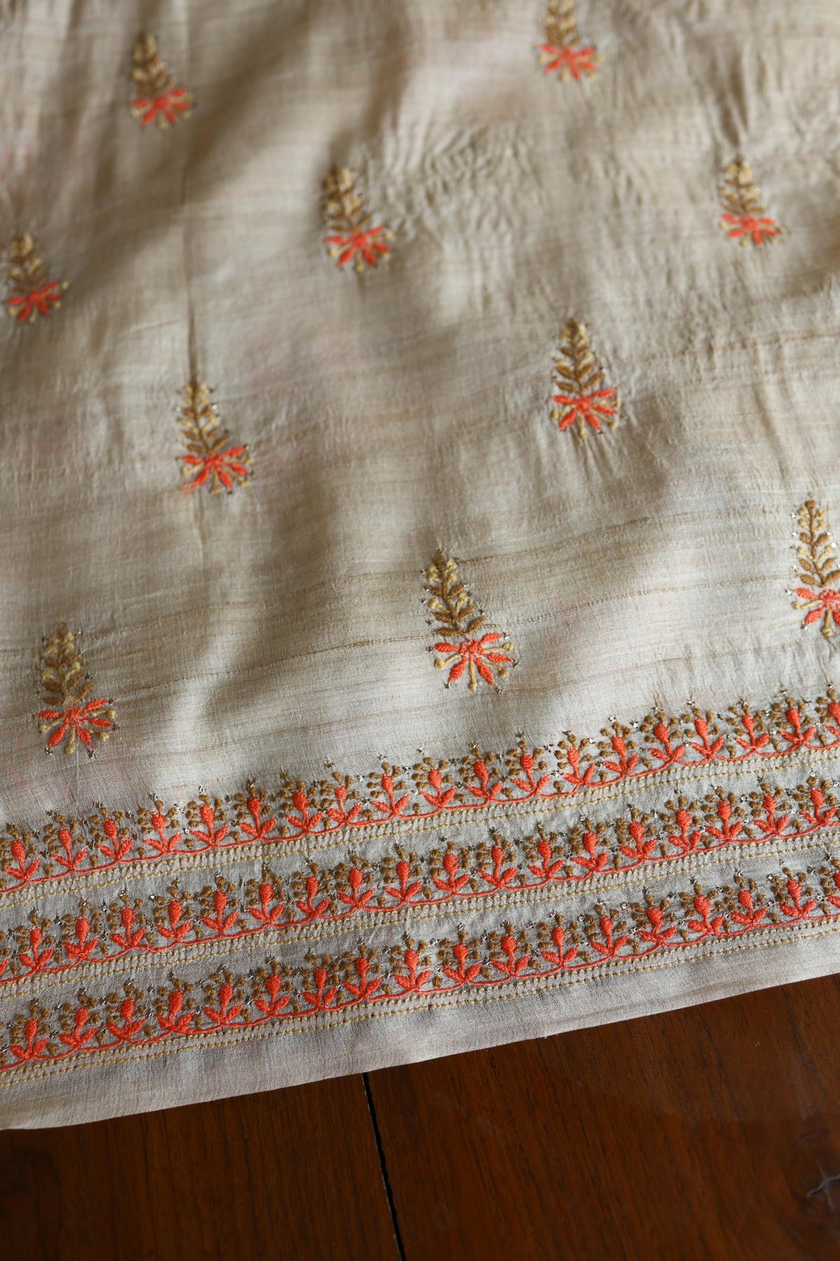 Natural Beige Tussar Silk Chikankari Unstitched Kurta Dupatta Set