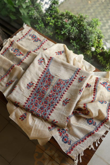 Natural Beige Tussar Silk Chikankari Unstitched Kurta Dupatta Set