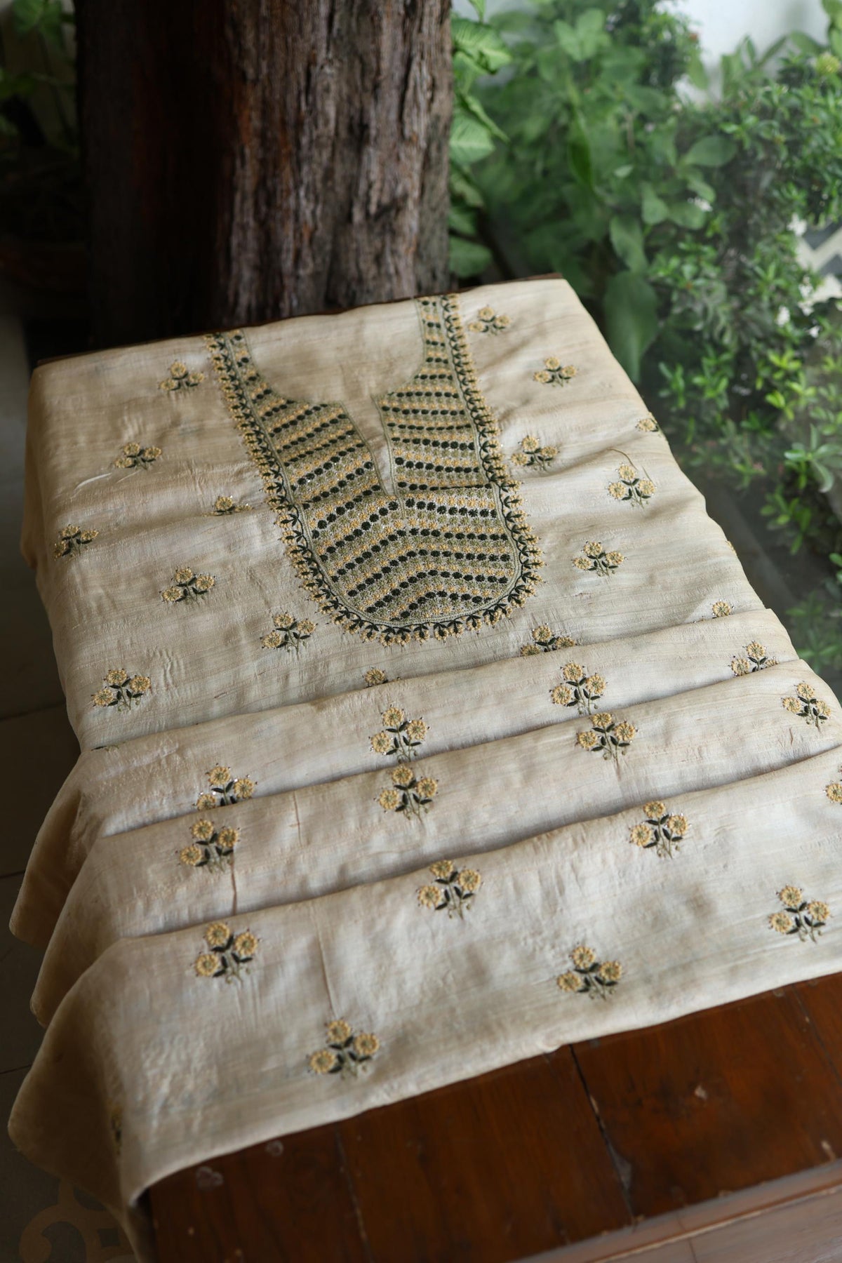 Natural Beige Tussar Silk Chikankari Unstitched Kurta Dupatta Set