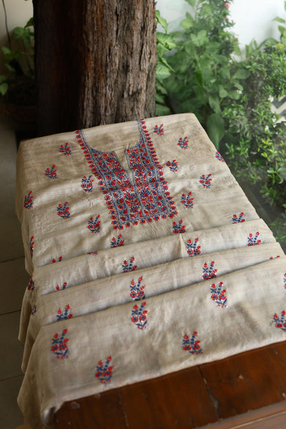 Natural Beige Tussar Silk Chikankari Unstitched Kurta Dupatta Set