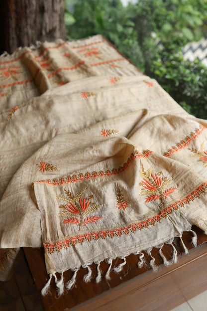 Natural Beige Tussar Silk Chikankari Unstitched Kurta Dupatta Set