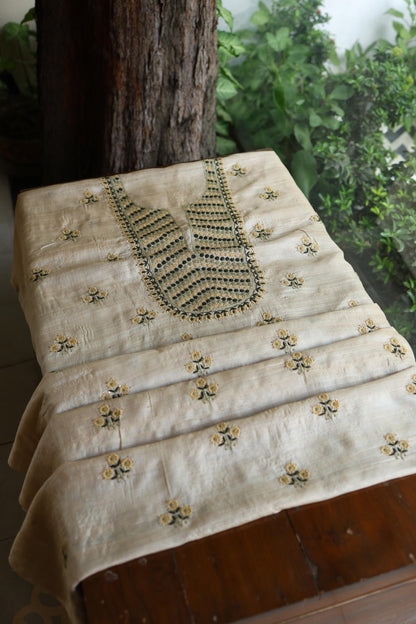 Natural Beige Tussar Silk Chikankari Unstitched Kurta Dupatta Set