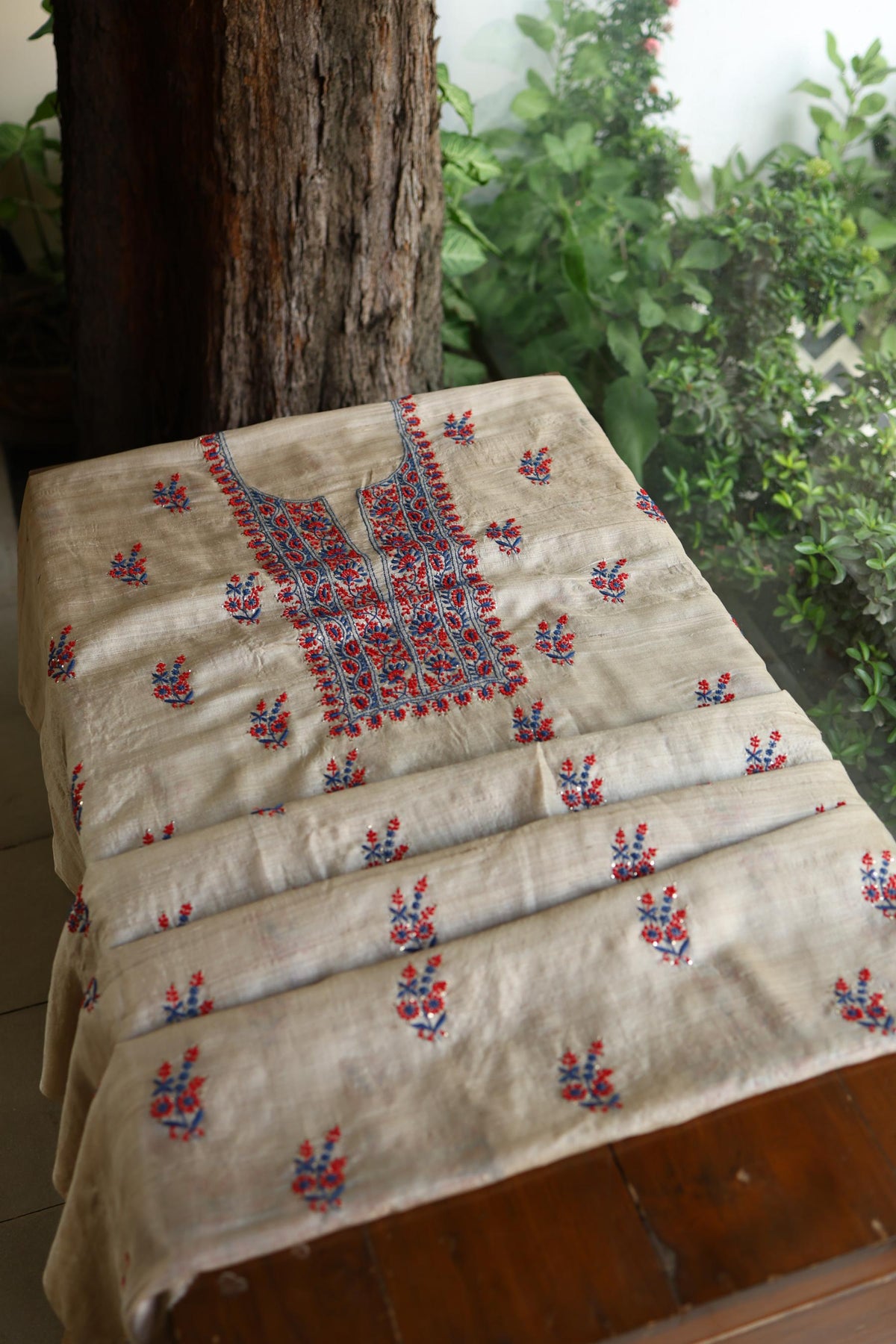 Natural Beige Tussar Silk Chikankari Unstitched Kurta Dupatta Set