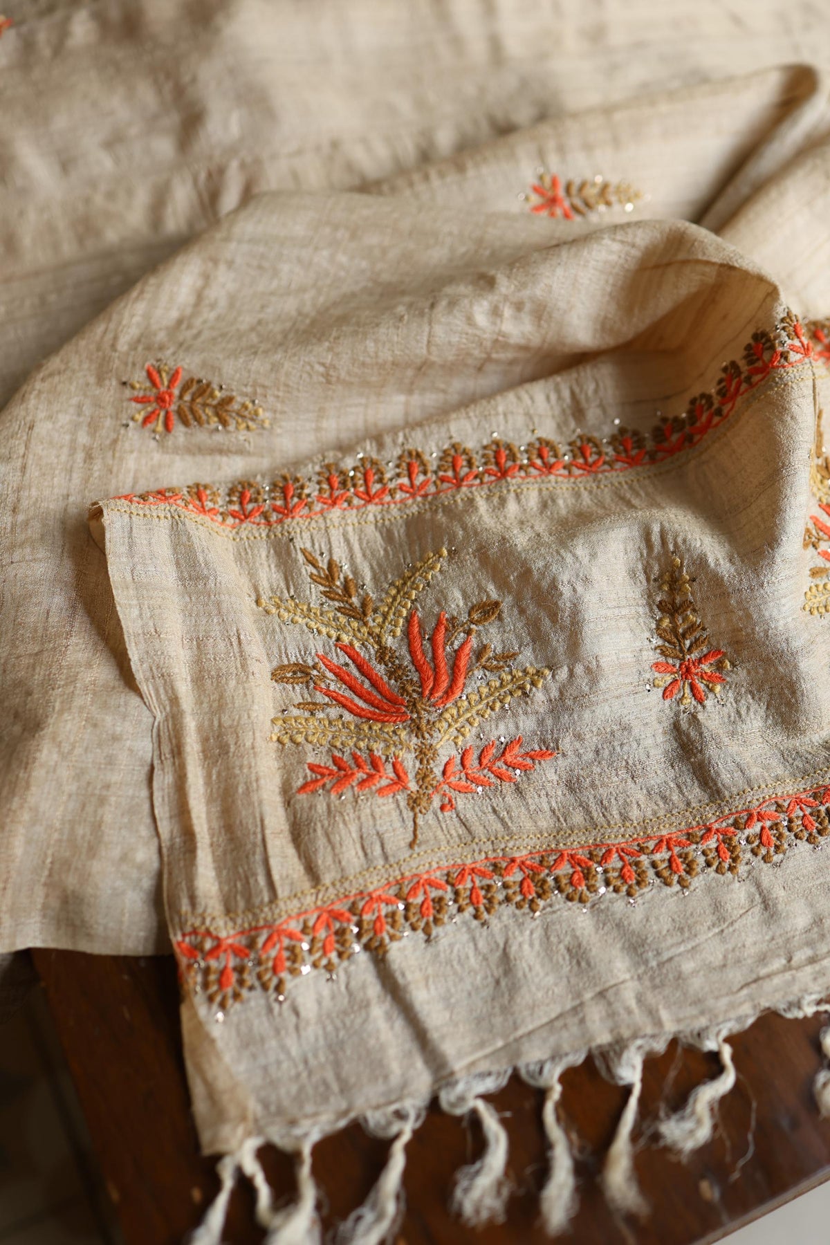 Natural Beige Tussar Silk Chikankari Unstitched Kurta Dupatta Set