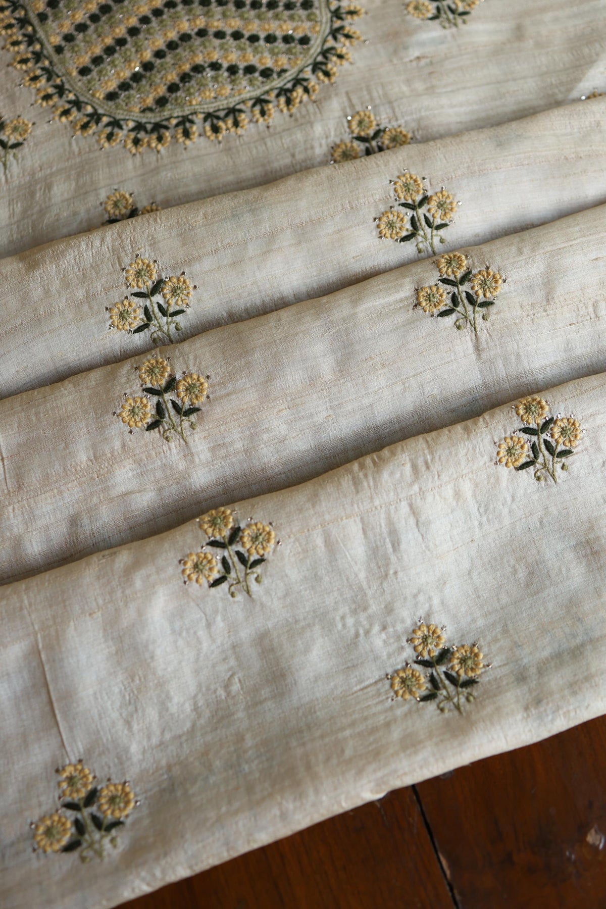 Natural Beige Tussar Silk Chikankari Unstitched Kurta Dupatta Set