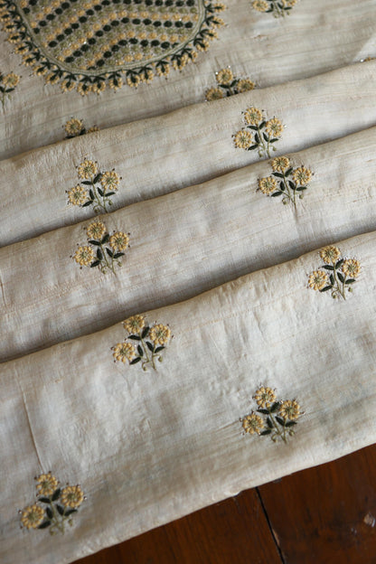 Natural Beige Tussar Silk Chikankari Unstitched Kurta Dupatta Set