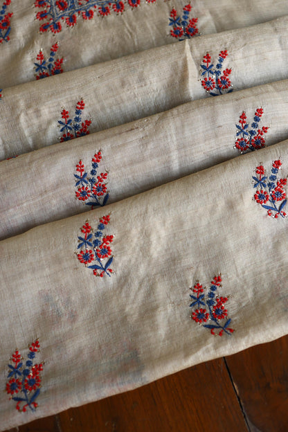 Natural Beige Tussar Silk Chikankari Unstitched Kurta Dupatta Set