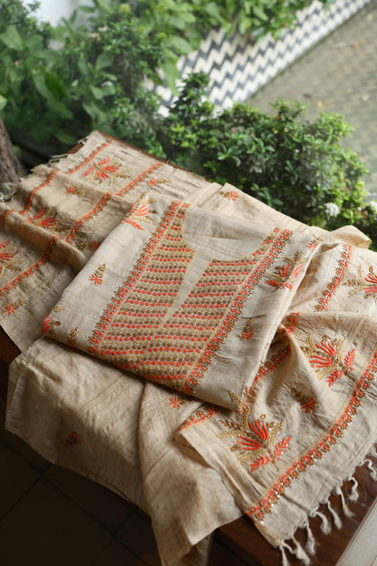 Natural Beige Tussar Silk Chikankari Unstitched Kurta Dupatta Set